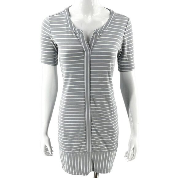 Athleta Dresses & Skirts - Athleta Gray White Striped Soft Short Shirt Tshirt Dress Women’s Size Small